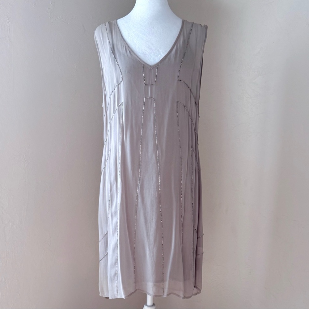 Chan Luu Flapper Style Beaded Shift Dress in Light Taupe Gray L